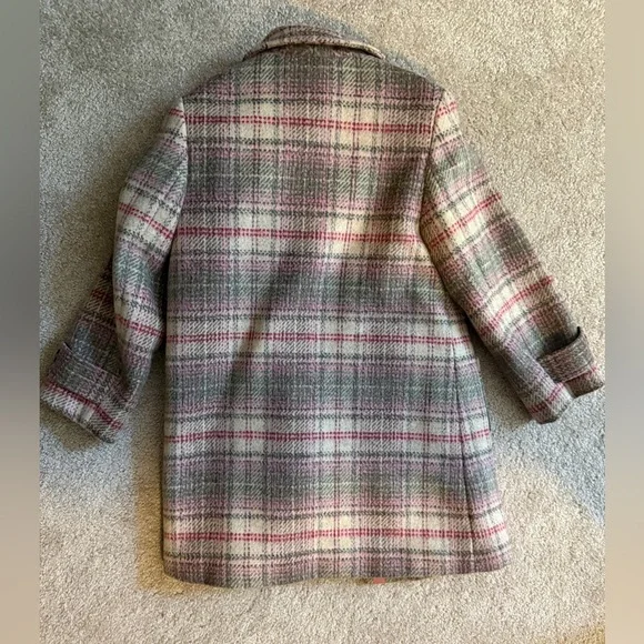 Cacharel Paris Plaid Wool Coat Green Pink Accents Size Small 6/7 Girls - Picture 7 of 10